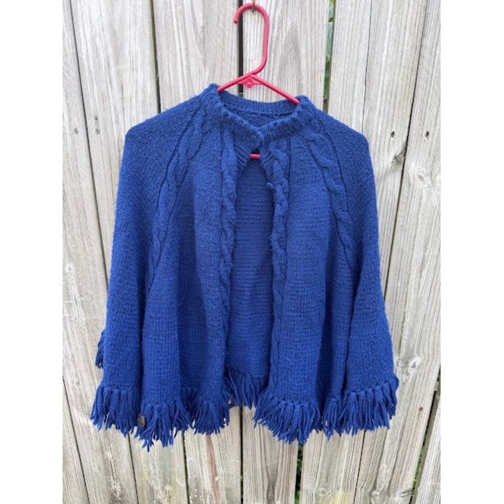Boho Cottagecore Handmade Cable Knit Poncho One Size Royal Blue Fringe Cape